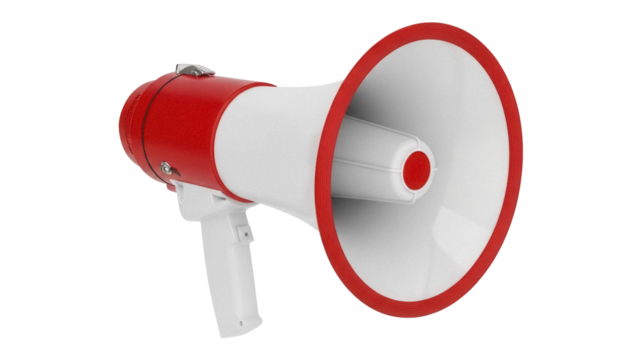 Red and white megaphone PNG isolated on transparent background, public address system for announcements and emergency situations