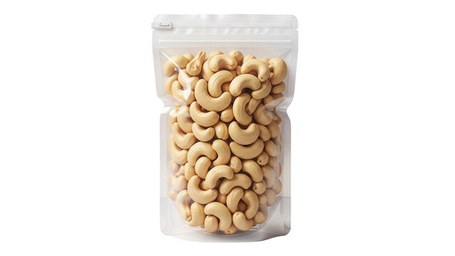Cashews in a clear plastic bag isolated PNG, healthy snack food on transparent background for packaging design and nutrition concepts