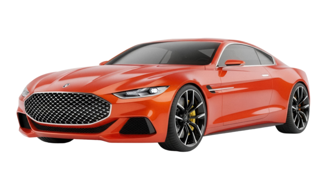 Orange sports car PNG isolated on transparent background, modern coupe vehicle for design and advertising use Automotive concept