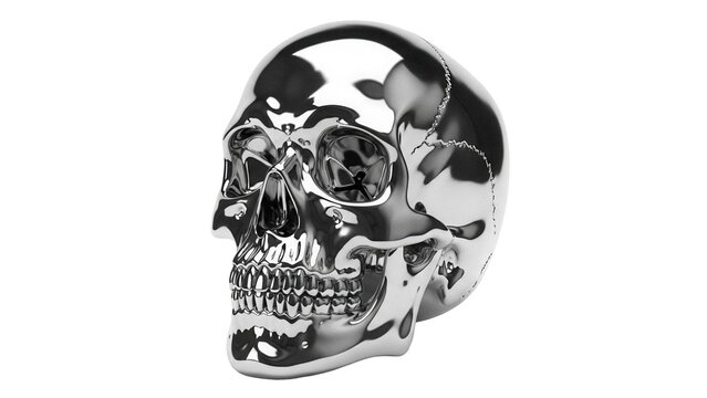 Shiny chrome skull isolated PNG on transparent background, anatomical model for Halloween and gothic themes, metallic human cranium