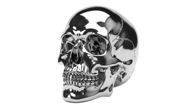 Shiny chrome skull isolated PNG on transparent background, anatomical model for Halloween and gothic themes, metallic human cranium