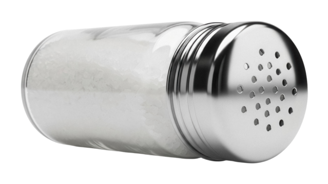Classic salt shaker PNG isolated on transparent background, kitchenware for seasoning and dining table use, transparent container with metal lid