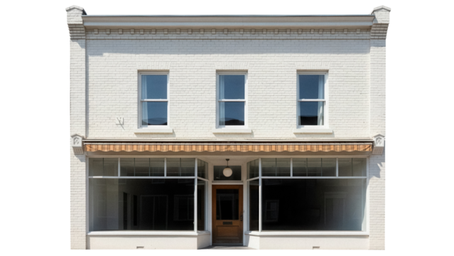 Two-story brick building with awning and large windows isolated PNG, commercial real estate for business and retail use