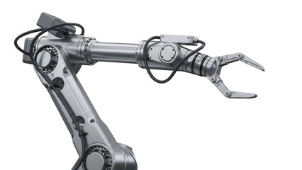Silver robotic arm PNG isolated on transparent background, industrial automation equipment for manufacturing and technology