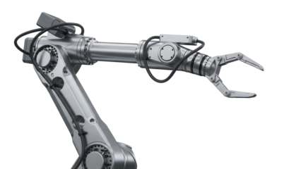 Silver robotic arm PNG isolated on transparent background, industrial automation equipment for manufacturing and technology