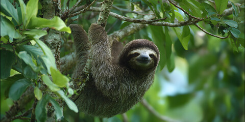 Obraz premium Majestic Sloth Suspended in Serene Jungle Habitat, Captivating Natural Wonder Showcased in Stunning Photograph