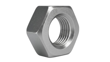 Metal hex nut isolated PNG on transparent background, silver fastener component for industrial equipment and mechanical engineering projects