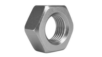 Metal hex nut isolated PNG on transparent background, silver fastener component for industrial equipment and mechanical engineering projects