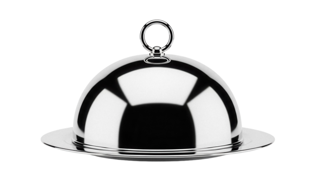 Silver serving dome isolated PNG on transparent background, elegant cloche for restaurant catering and special event food presentation - Powered by Adobe