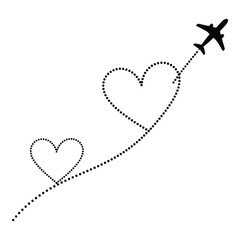 Airplane tracing dotted heart shapes in the sky, symbolizing love and travel
