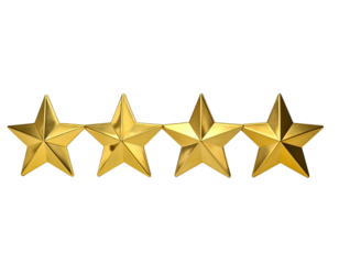 Four isolated gold stars shine on a black background, representing a rating