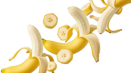 Peeled bananas and slices PNG isolated on transparent background, tropical fruit for healthy eating and dessert preparation