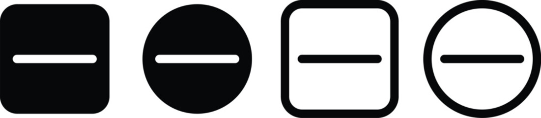 Minus remove icon set , stop sign. Graphic symbol for subtraction, removal, negative, or do not enter concept. horizontal line, dash inside a circle in outline and solid for delete actions, Minus Sign