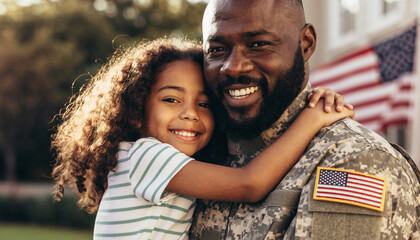 Joyful homecoming embrace between smiling soldier father and happy young daughter outdoors near American flag