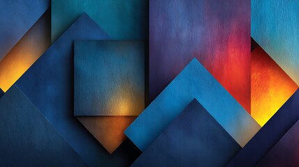 Abstract geometric design blue and orange textured triangles and squares against colorful background