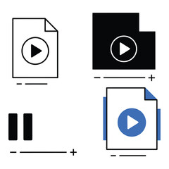 Collection of video icons including play, pause, and file representations in outline and solid styles