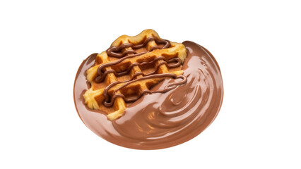 Delicious waffle with chocolate sauce isolated PNG, sweet dessert on transparent background for food design and confectionery use