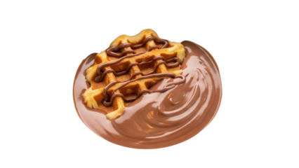 Delicious waffle with chocolate sauce isolated PNG, sweet dessert on transparent background for food design and confectionery use