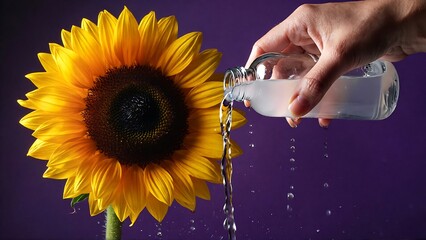 Vibrant sunflower receiving nourishment as clear liquid pours from a hand held glass bottle