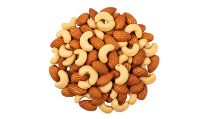 Pile of almonds and cashews isolated PNG on transparent background, healthy snack mix for food photography and culinary design