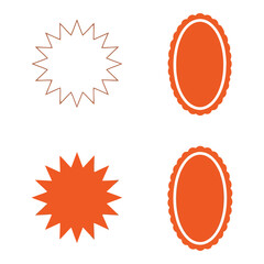 Collection of four graphic elements: a starburst shape and three oval shapes, two orange and one outline.