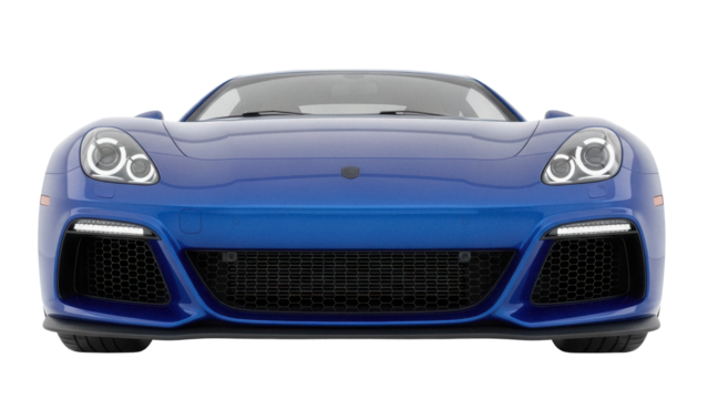 Blue sports car isolated PNG, front view of modern luxury vehicle for automotive design and advertising on transparent background