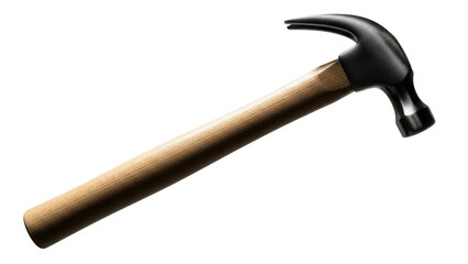 Claw hammer isolated PNG on transparent background, carpentry tool with wooden handle and black metal head for construction and repair