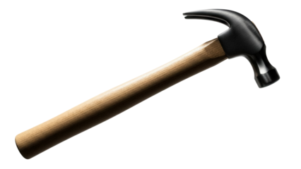 Claw hammer isolated PNG on transparent background, carpentry tool with wooden handle and black metal head for construction and repair