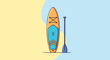 Colorful flat design illustration featuring a stand-up paddleboard and paddle, perfect for conveying summer recreation and outdoor aquatic activities.