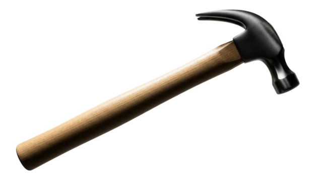 Claw hammer isolated PNG on transparent background, carpentry tool with wooden handle and black metal head for construction and repair