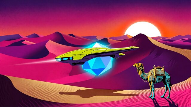 Vibrant synthwave desert sunset meets futuristic spaceship and crypto camel technology - Powered by Adobe