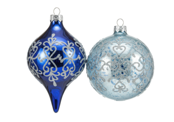 high-end reflective sapphire and icy blue glass christmas ornaments with intricate silver glitter filigree pattern, macro studio shot isolated on white background. concept of festive luxury and