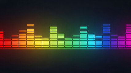 Vibrant glowing rainbow sound equalizer bars reflecting frequency and music visualization background.