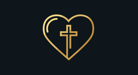 Obraz premium A stylized golden outline of a heart encompassing a Christian cross, symbolizing faith, love, and devotion on a dark background.
