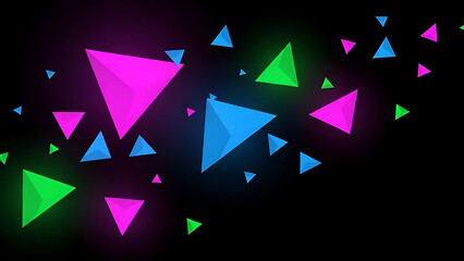 Vibrant neon 3D geometric triangles scattering pattern on black background (80s synthwave style)