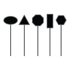 A collection of five different black geometric shapes on poles, representing various signage.