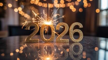 Sparkling golden 2026 numbers with bokeh lights and reflection
