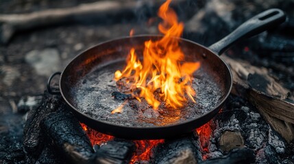Close-up of a pan ablaze with flames over burning wood, producing smoke