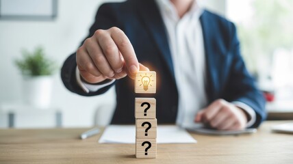 Businessman placing a block on a stack of question mark blocks symbolizing decision making