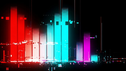 Dynamic abstract digital equalizer bars displaying vibrant neon glitch effect and data visualization