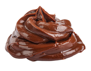 Swirled pile of rich, dark chocolate pudding or frosting, smooth texture, isolated on black