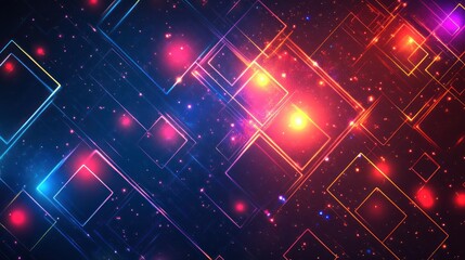 Abstract digital composition featuring glowing neon geometric shapes, and radiant light particles