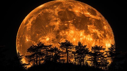 A fiery, oversized full moon rises dramatically over a silhouetted forest at dusk