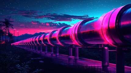 Long pipeline stretches into the distance under a neon-lit sky, with palms in the background