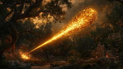 An otherworldly, golden beam erupts from a forest floor, illuminating the surrounding trees