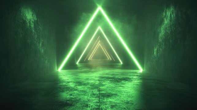 Abstract geometric tunnel lit by green neon triangles, reflecting on a wet floor, dark and moody