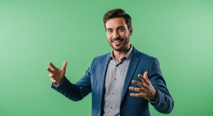 A man in a blue blazer and gray shirt smiling and gesturing with hands, green backdrop