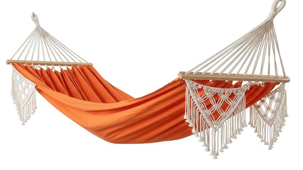 Comfortable orange hammock with macrame details isolated PNG, relaxation equipment for outdoor leisure and backyard decoration © Sofix