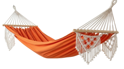 Comfortable orange hammock with macrame details isolated PNG, relaxation equipment for outdoor leisure and backyard decoration