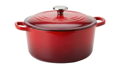 Red enameled cast iron dutch oven with lid isolated PNG, cooking pot for soups and stews on transparent background